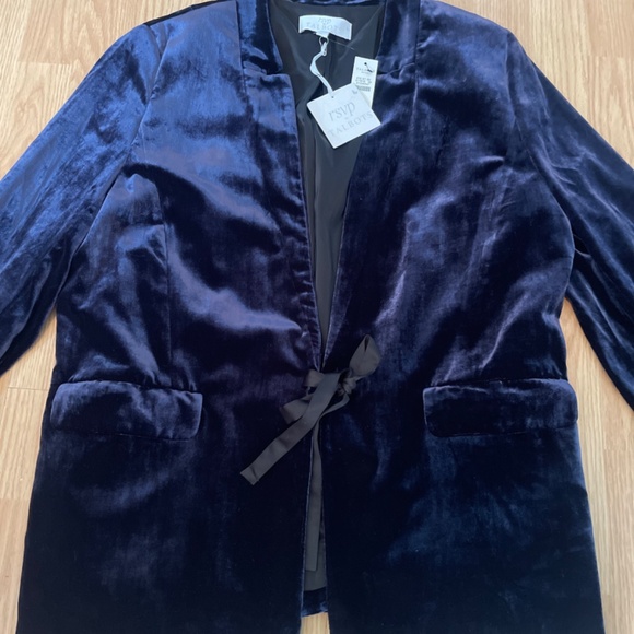 NWT RSVP Talbots Indigo Blue Velvet V Neck Front Tie Blazer Jacket Size 14P - Picture 5 of 9